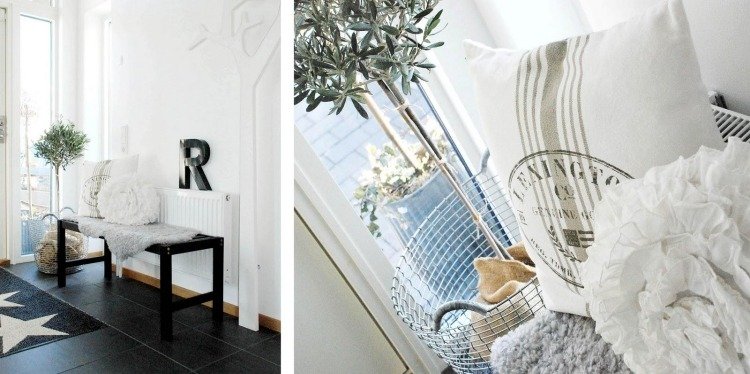 bänk-hall-modern-skandinavisk-svart-päls-matta-deco-korg-kuddar