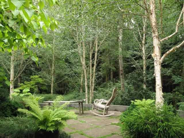 Trädgårdsbänk trä bygg dig själv natursten terrass höga träd
