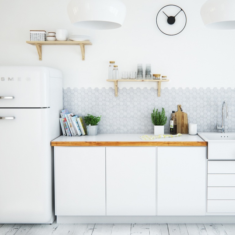 Kök i skandinavisk stil retro inrättat retro kylskåp väggplattor mosaik levande trender