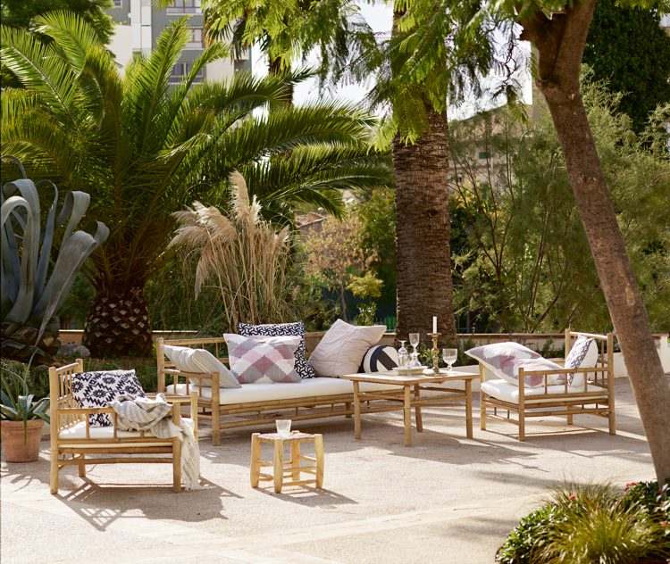 Skandinavisk terrass uppsättning-bambu-möbler-trädgårdsmöbler-kuddar
