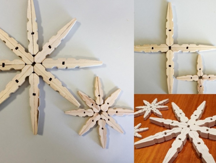 Skandinavisk-juldekorationer-gör-det-själv-trä-idéer-snöflingor-trä klädnypor-kreativ-vit