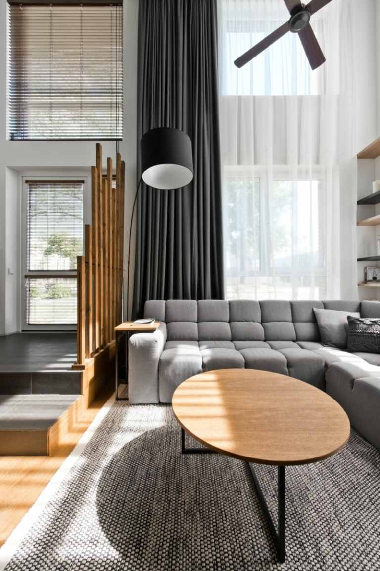 Skandinavisk stil i grå rund soffbord vardagsrum soffa klädsel