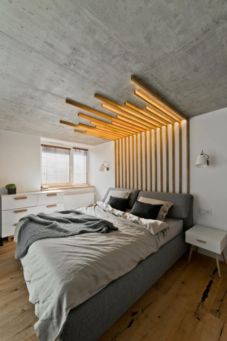 Skandinavisk stil i grå sänggavel med gjutbelysning