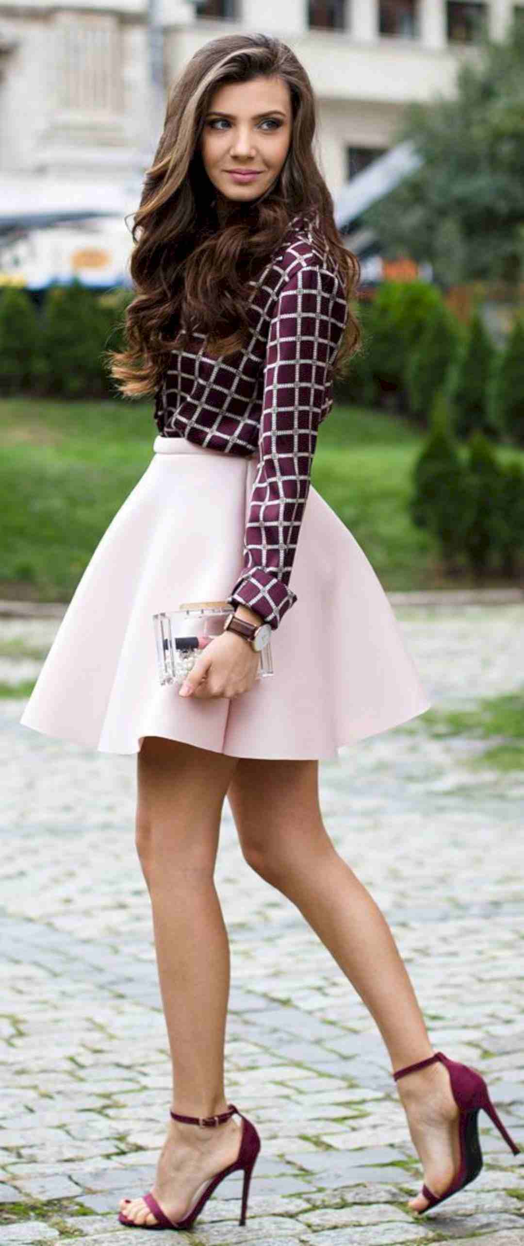 A-line kjol kombinera siden skjorta blus rutiga modetrender kvinnor