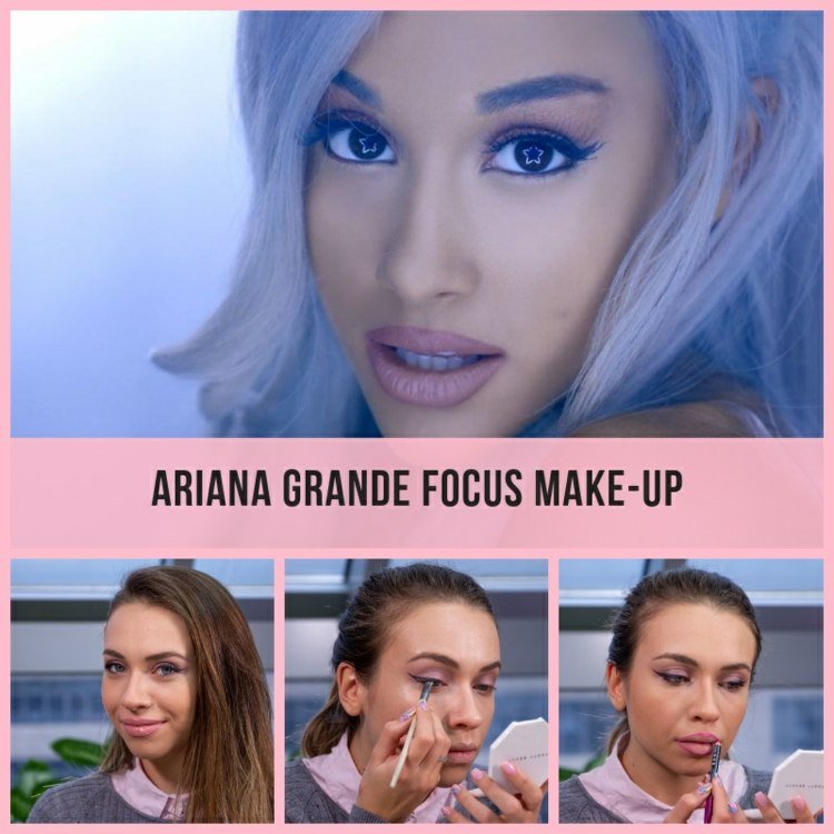 ariana grande focus make-up sminkanvisningar rosa lila grå naken eyeliner