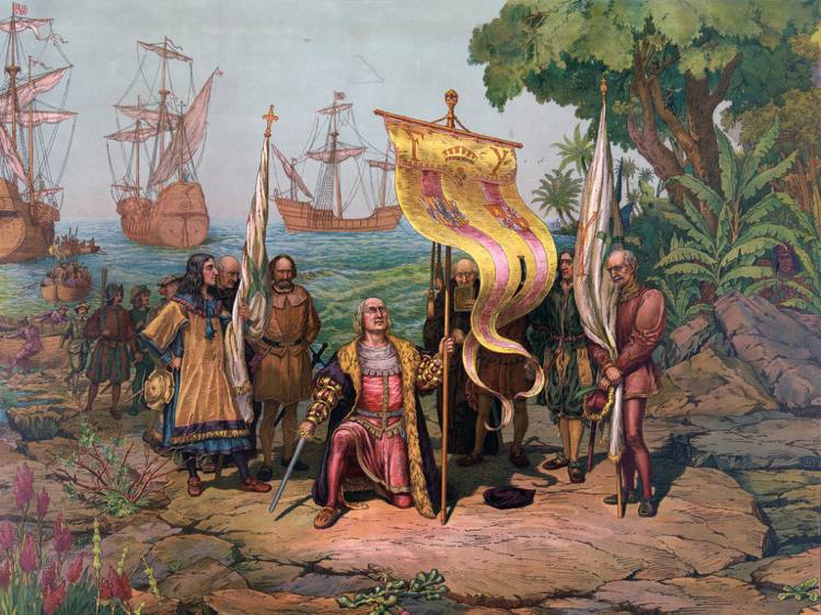 Representation-av-Christopher-Columbus-som-anlände-i-Nordamerika-1492