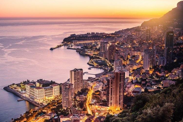 Kvällsutsikt över Montecarlo, Monaco, Cote d'Azur, Europa