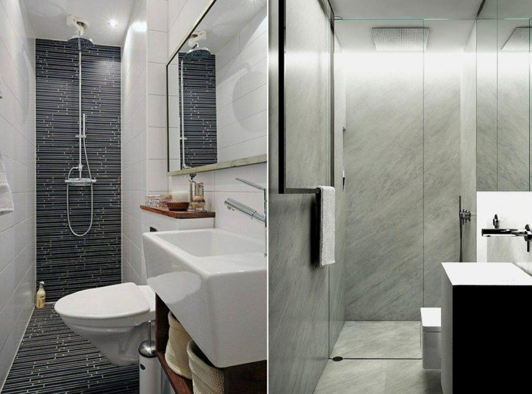 Gästtoalett med dusch i ett smalt rum - idé med och utan glaspartition