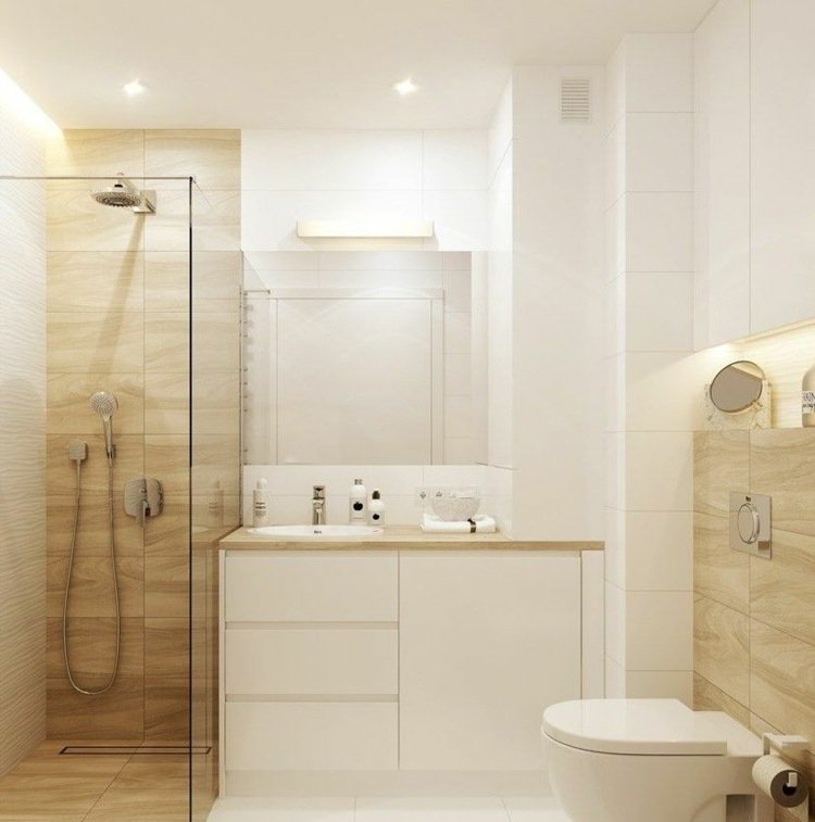 Öppen dusch på golvnivå och modernt handfat i vitt för en elegant gästtoalett