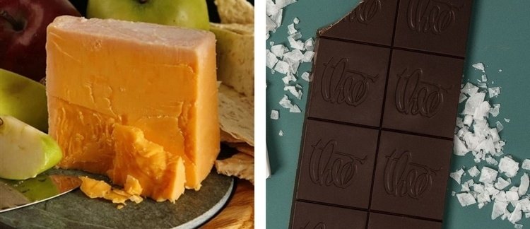 Cheddarost mognade i 15 månader + mörk choklad (70% kakao) med havssalt