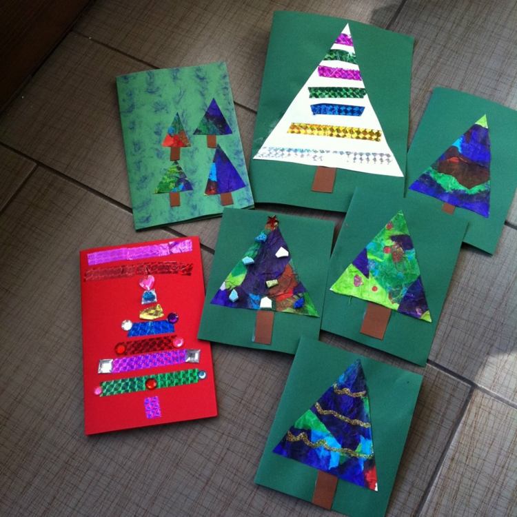 tinker julkort med små barn washi tape gran träd strass