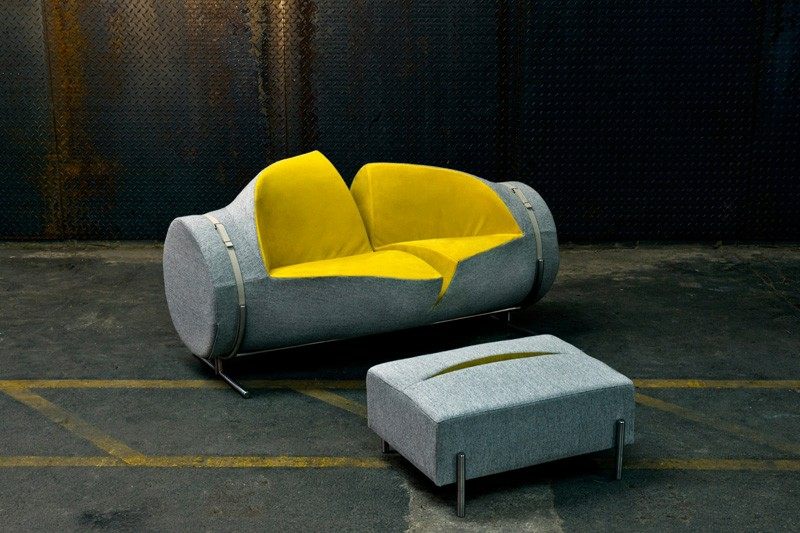 soffa i grå och gul pall Schlitz möbeldesign
