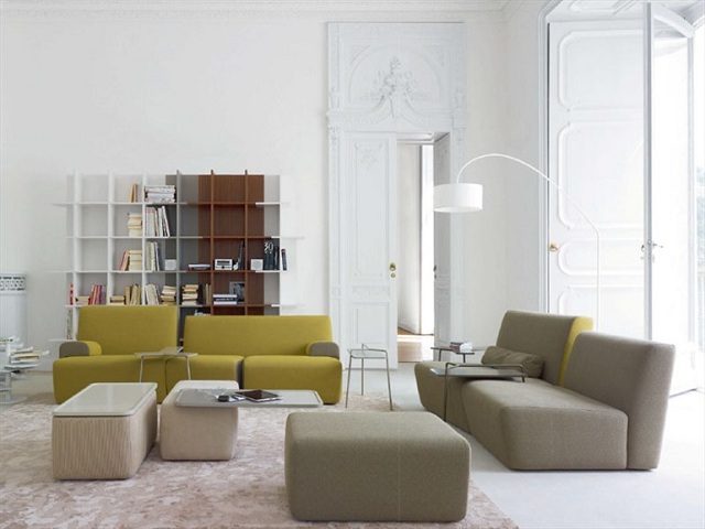 Soffa med ottomanska Ligne Roset grå gräsgrön pastellfärger moderna möbler