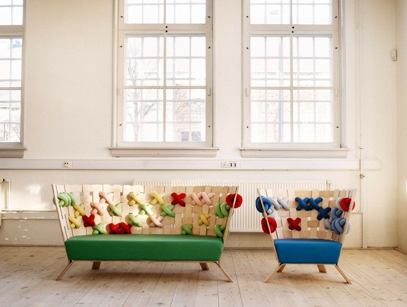 soffa och fåtölj design interiör modern idé blå grönt rött trä