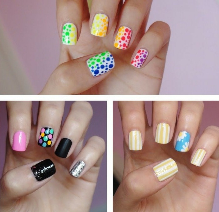 idéer sommar nageldesign färgglada prickar ränder svart gul