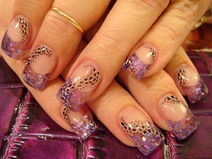 akryl naglar leopardmönster transparent lila glitter