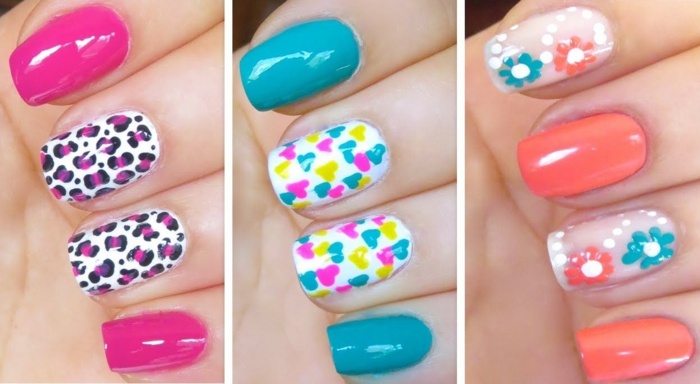sommar nageldesignidéer leopardblommor hjärtan pastellrosa korallblå