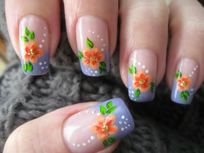 mönster blommor nageldesign motiv orange lila sommaridé
