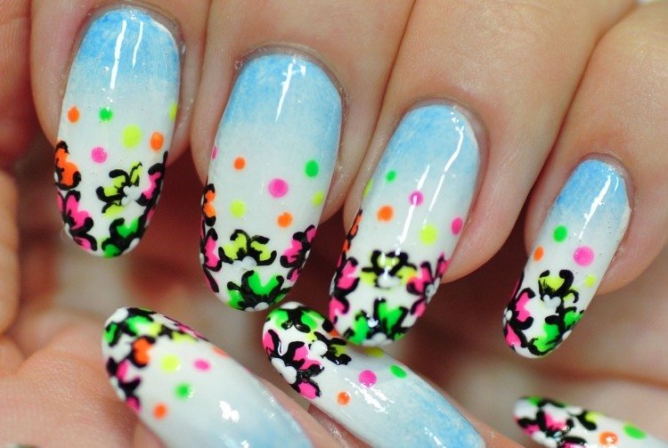 sommar-spik-design-leopard-brokig-färgad-neonfärgad-ombre-vit-blå