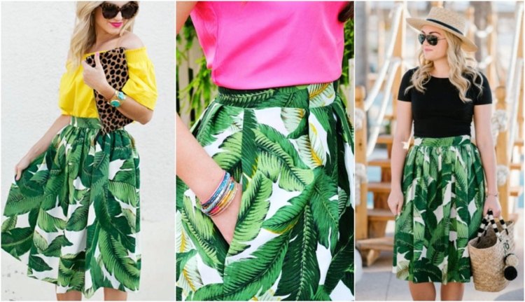 Casual chic sommarkläder med en vanlig topp och en A-kjol med bananbladsmönster