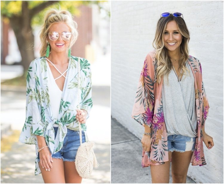 Sommaroutfitidéer för semestern Jeansshorts och kimono i tropiskt utseende