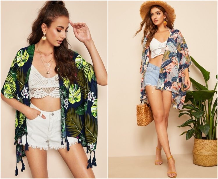 Casual sommarkläder för kvinnor med shorts och kimono i tropisk look