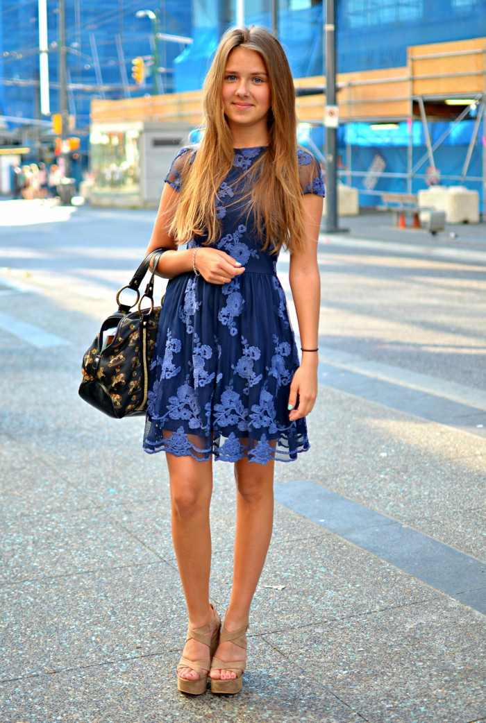 söt klänning sommar vardagstillfälle blå spets damer outfit