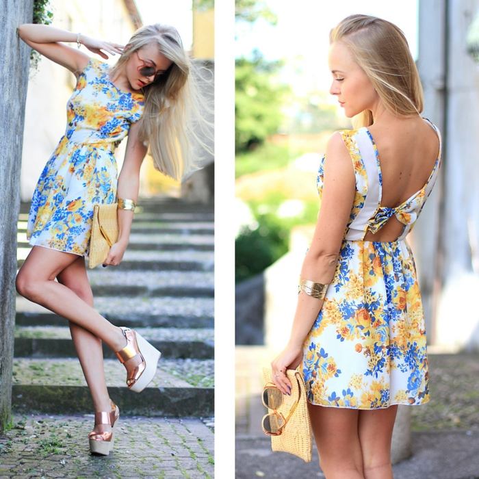 klänning blommor blå gul rygglös sommaroutfit idé damer