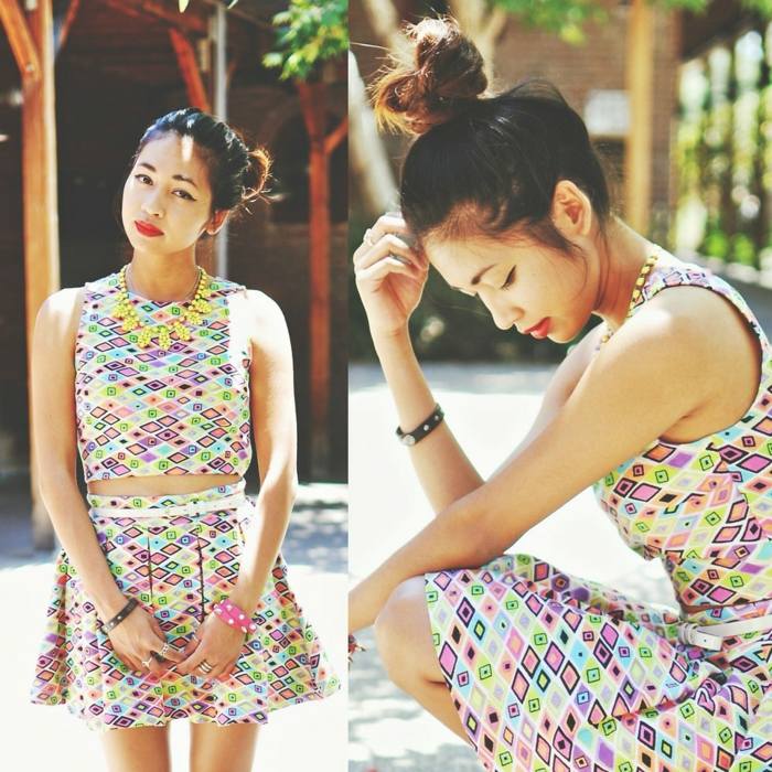 kjol topp färgglada geometriska mönster sommar outfit kvinnor