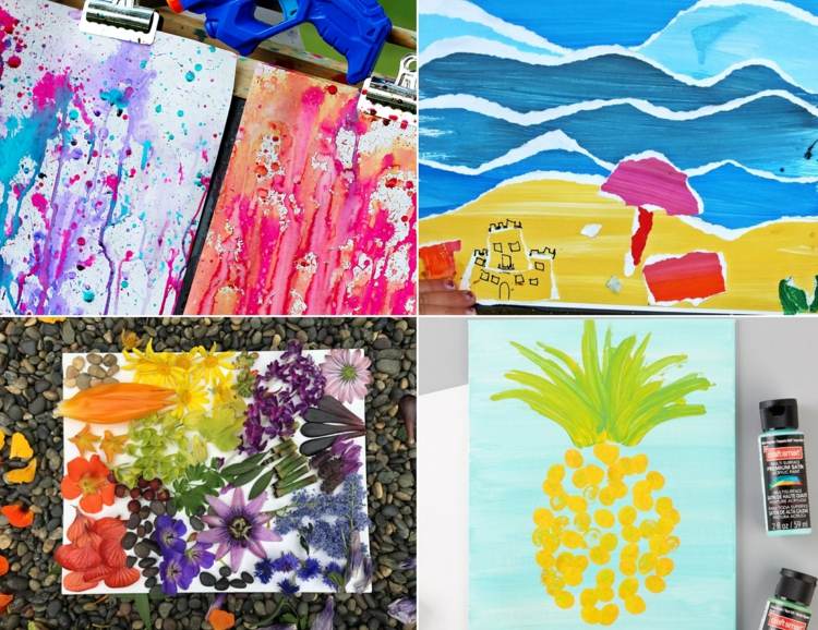 Skapa sommarbilder med barn med färger, pappersrester och naturmaterial