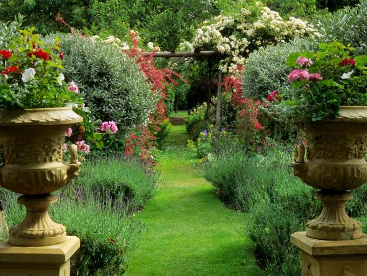 Sommarblommor-trädgård-petunier-röd-vit-trädgårdsväg