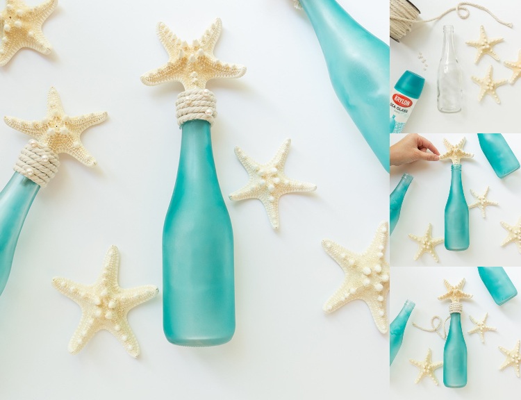 Sommardekorationsfärg vintage vinflaska och dekorera med sjöstjärnor och pärlor