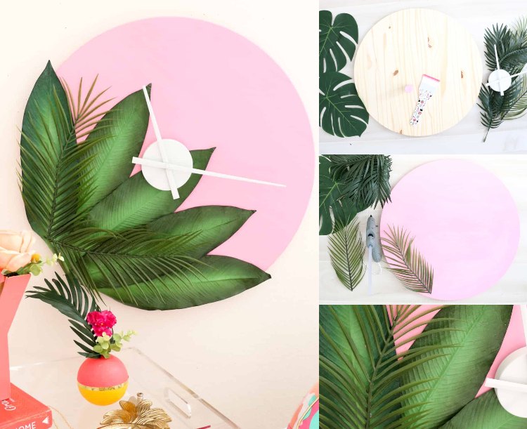 Gör sommardekoration rosa väggklocka själv och dekorera med ormbunkar