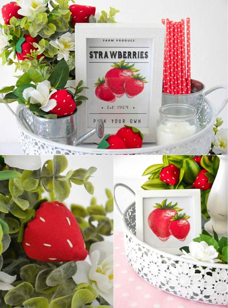 Sommardekoration étagère med jordgubbar av filt tinker vintage dekoration