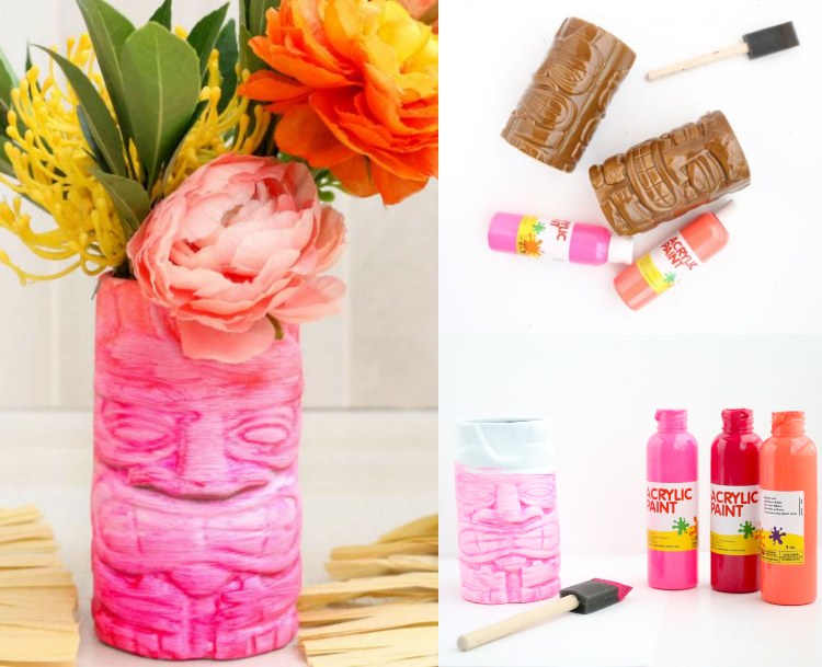 Gör ett sommardekorationsbord, måla Tiki -vasen i rosa