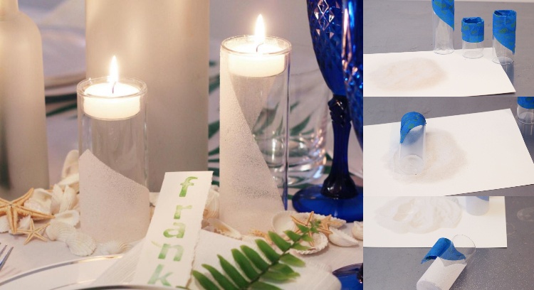 Sommardekoration DIY -idé för att dekorera insidan av en glasvas eller flytande ljus med sand
