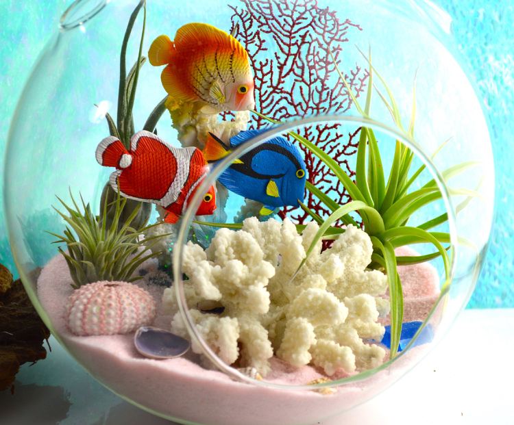 Gör sommardekorationer i ett runt glas eller terrarium själv med fiskfigurer och koraller och tillandsier