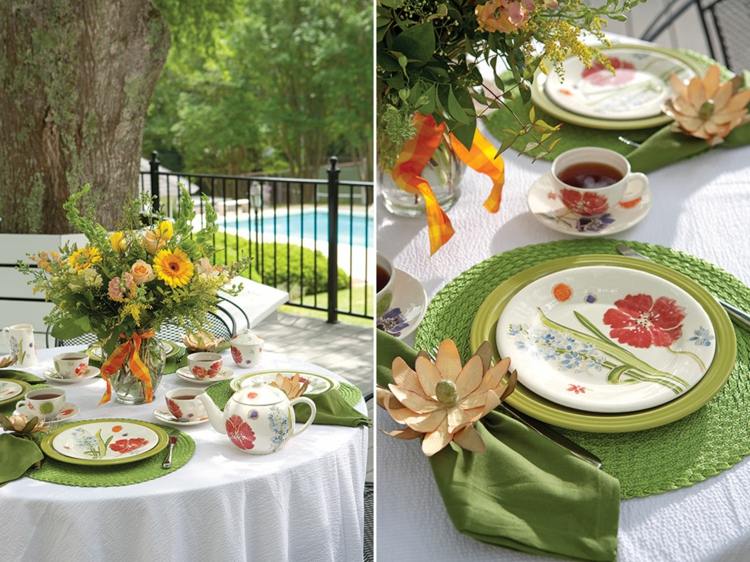 sommar bord dekoration bukett blommor grön färg servett rätter plats mattor