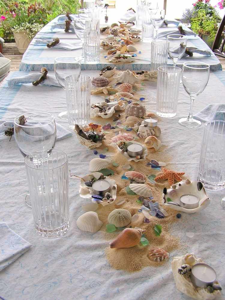 bordsdekoration sommar strand sand idé skal tropisk trädgård