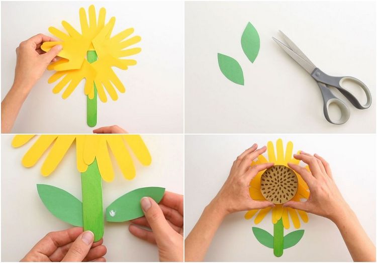 Instruktioner för att göra solrosor från handavtryck barn