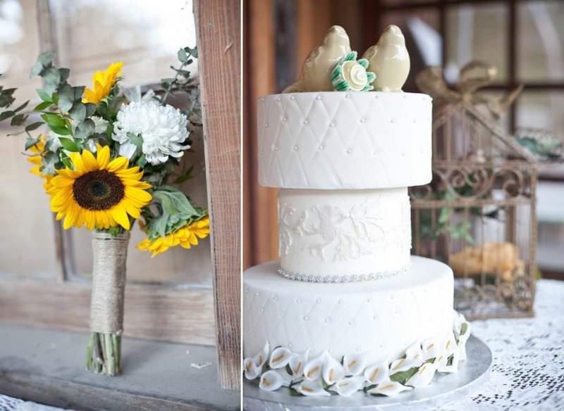 Solros-bröllop-tårta-grädde-blomsterarrangemang-vintage-bröllop