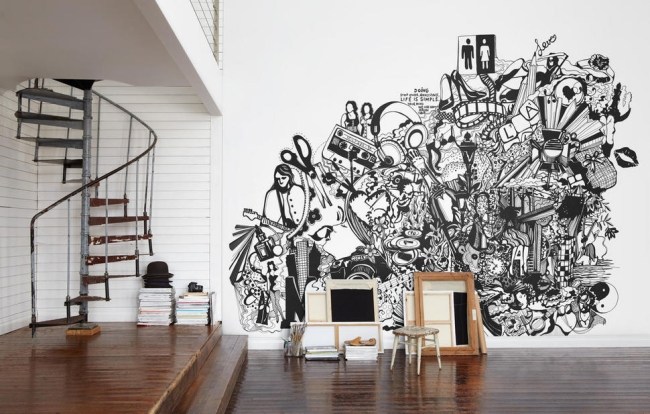 Grafisk konst väggdesign-stort område ritning-tapeter svartvitt