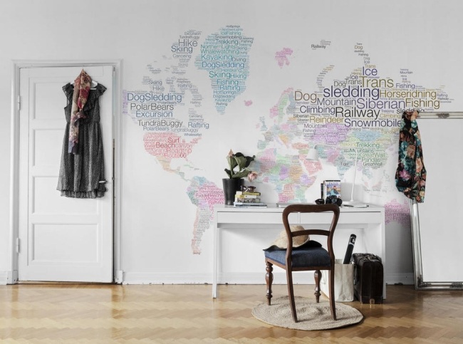 Storformat väggkonst-studio atmosfär-idéer möblering-världskarta tapetmönster