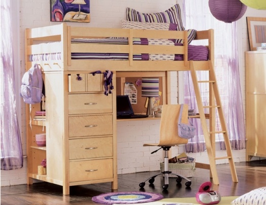 loftsäng med skrivbordsidéer för barnkammare lila