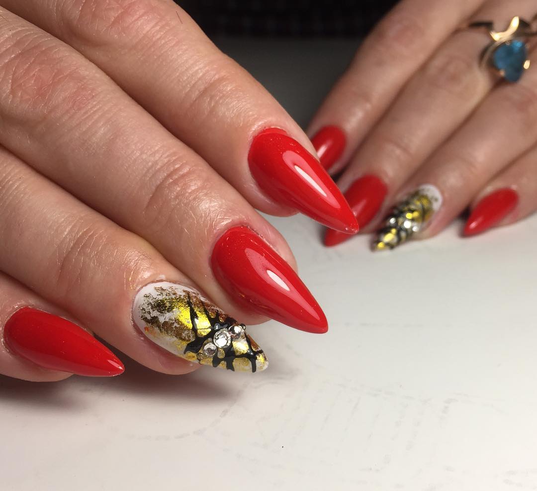 Spider gel naglar lång stilett nagel form nagel dekoration strass rött nagellack