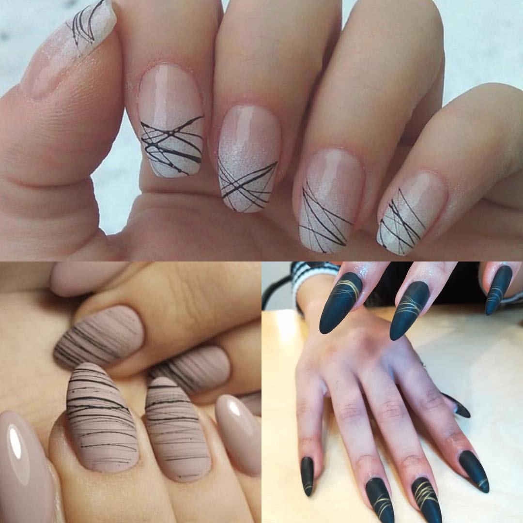 Spider Gel Design Långa naglar Idéer Mandelform Stilett naglar Naken svart nagellack