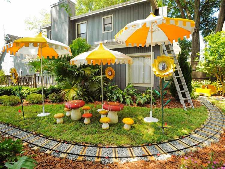 spela hörnträdgård-barn-design-tåg-parasoll-svamp