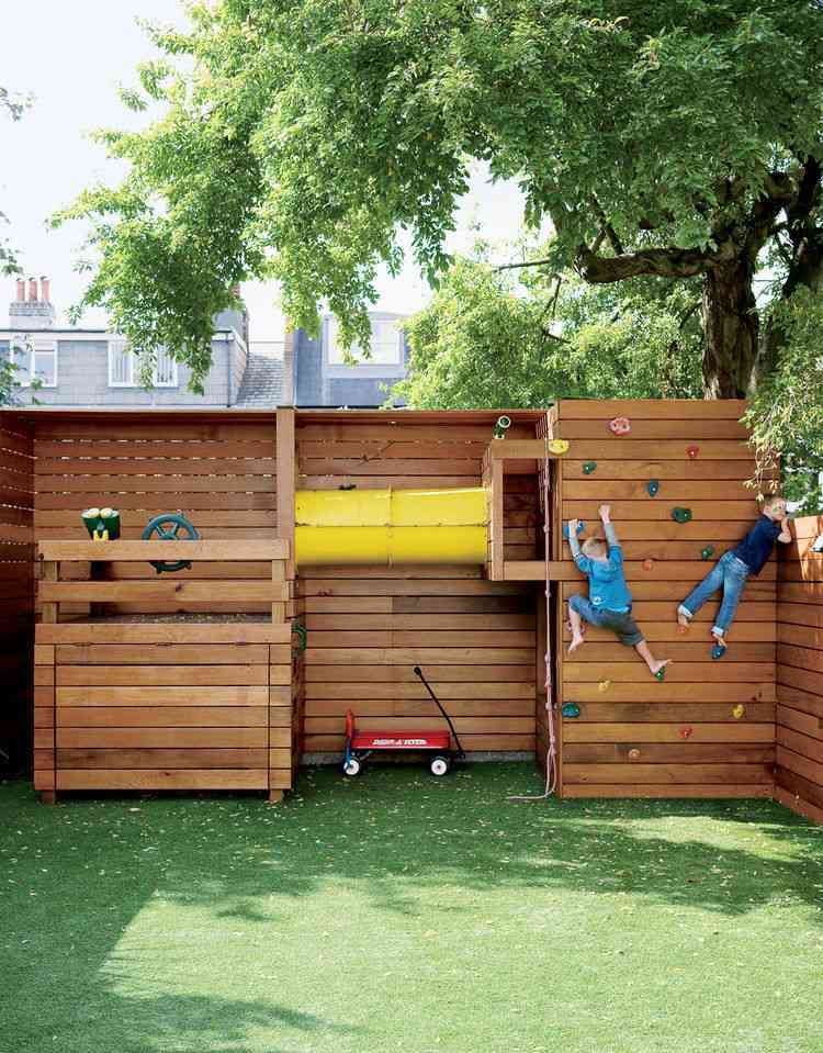spela hörn-trädgård-barn-design-klättring-vägg-trä-konstruktion