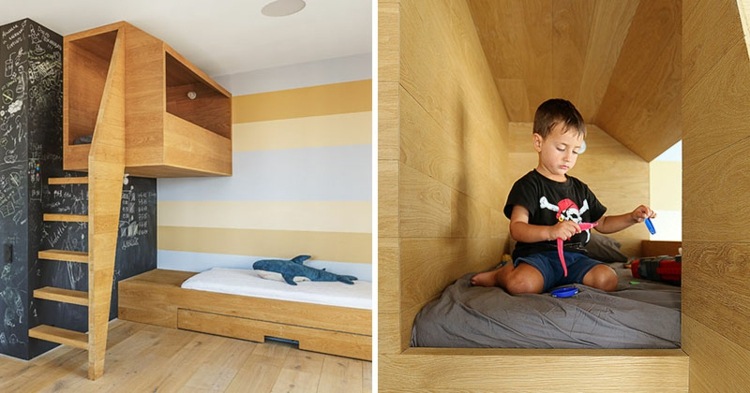 lekstuga av trä barnrum-sovrum-pojke-säng-trappor-plysch-djur-vägg-dekoration-tavla-måla-1