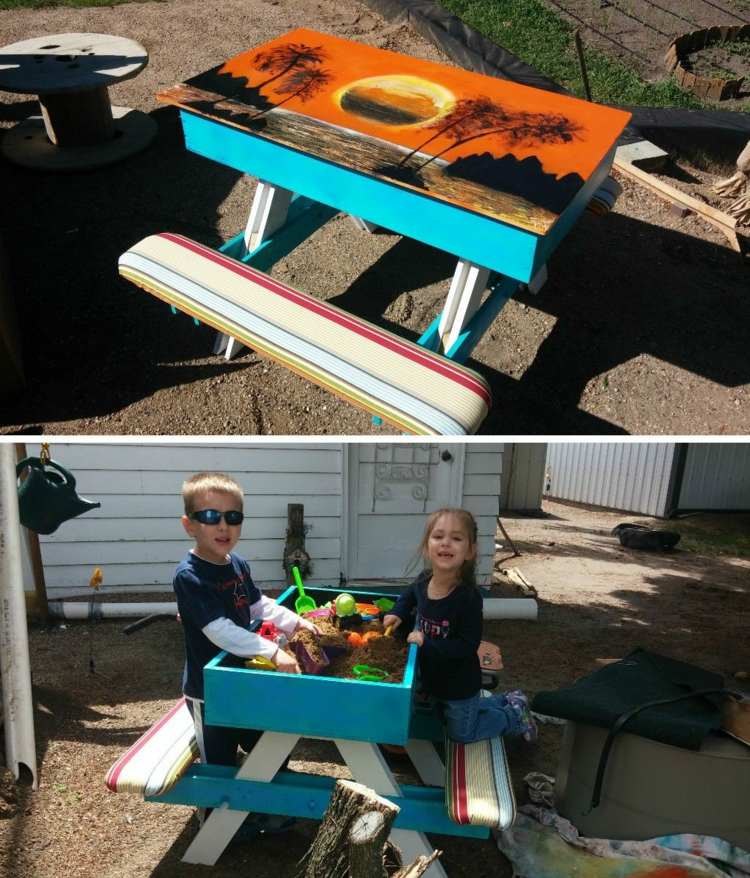 spela bord-bygg-själv-trädgård-idé-bänk-bord-sand-lek